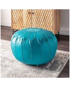 Embroidered Sky Blue Moroccan Leather Pouf - Handcrafted Genuine Leather Poufs from Marrakech, Elevate Your Home Decor and Add Cozy Seating