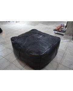 Handmade Black Embroidered Leather Poufs from Marrakech