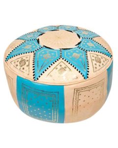Light Blue Genuine Leather Moroccan Pouf Handcrafted in Marrakech