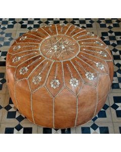 Moroccan Flower Embroidered Leather Pouf | Tan Embellished Ottoman