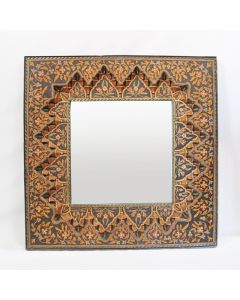 Vintage Moroccan Orange Carved Wood Square Mirror