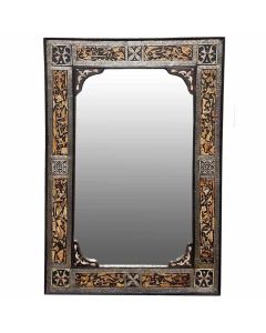 Moroccan Metal Mirror with Engraved Silver and Brown Leather Frame