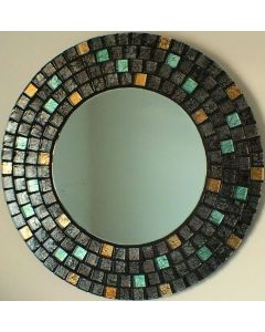 Handcrafted Dark Grey Moroccan Mirror | Teal & Gold Tile Insets