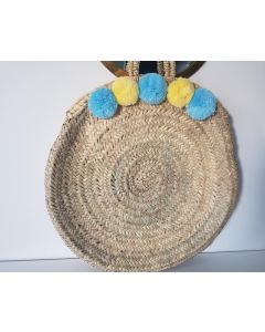 Chic Blue and Yellow Pom Pom Handwoven Basket