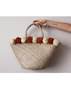 Moroccan Berber Pom Pom Basket with Beige and Brick Accents