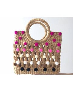 Handcrafted Moroccan Pom Pom Baskets - Pink, White, Black