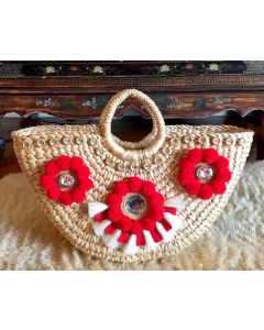 Moroccan Berber Red and White Pom Pom Handmade Baskets