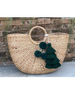 Moroccan Pom Pom Baskets - Emerald Green Handwoven Craft