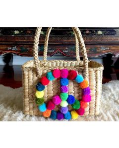 Moroccan Handwoven Pom Pom Basket | Multicolored Peace Sign Design