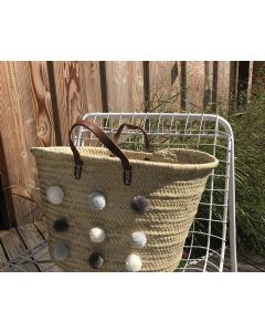 Handwoven Moroccan Pom Pom Baskets - Gray and White Basket