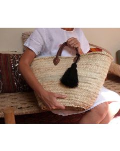 Handwoven Eco-Friendly Pom Pom Basket with Black Handle
