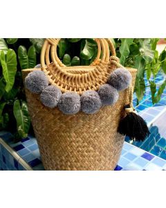 Moroccan handwoven pom pom baskets with gray accents