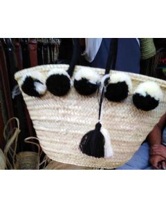 Black and White Pom Pom Handwoven Basket