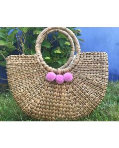 Pink Pom Pom Moroccan Semicircle Basket - Handwoven Eco-Friendly Storage Basket
