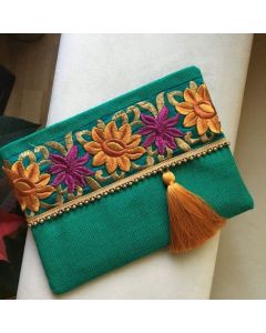 Teal Embroidered Moroccan Straw Clutch - Ethically Handcrafted