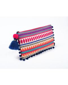Handwoven Moroccan Straw Clutch with Embroidery & Pom-Poms