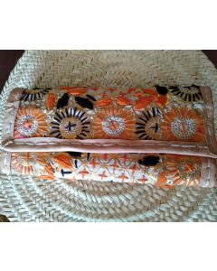 Moroccan Embroidered Straw Clutch - Orange/Black/White