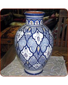 Vintage Moroccan Blue & White Hand-painted Vase with Brass Filigree