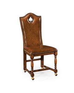 Moroccan Hand-Carved Cedarwood Wood Chair with Dark Brown Leather Seat