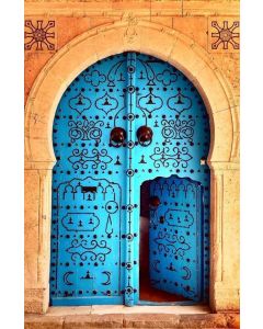Blue Moroccan Arched Double Wood Doors - Handcrafted Luxury