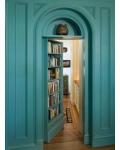 Teal Bookshelf Hidden Wood Door - Handcrafted in Morocco