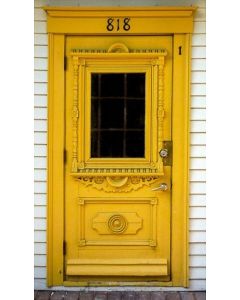 Vintage Yellow Moroccan Wood Door with Center Window | Handcrafted Solid Wood 