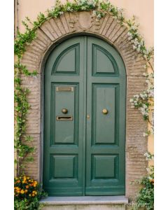 Botanical Green Solid Wood Double Door - Moroccan Craftsmanship