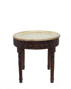 Moroccan Handmade Brass Table Tray with Wooden Legs