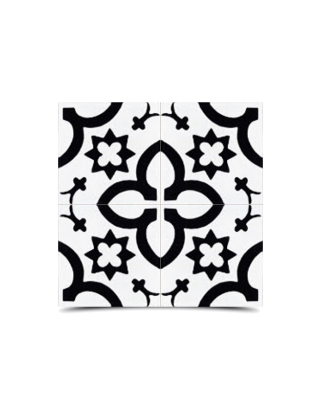 Moroccan Cement Tile in White & Black Floral Pattern - High-Quality Handmade Design