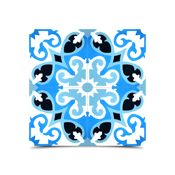 Moroccan Cement Pattern Tiles - White, Black & Blue