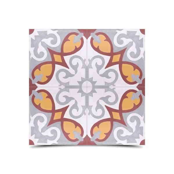 Moroccan Cement Floral Pattern Tiles - White, Gray, Red, Yellow