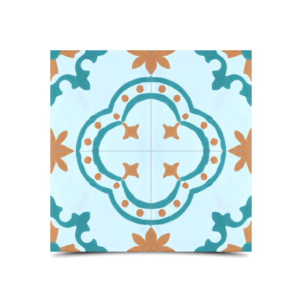 Moroccan Cement Pattern Turquoise & Orange Tiles - Floral Design