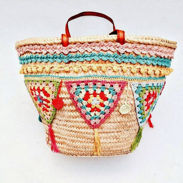 Handwoven Moroccan Straw Handbag - Colorful Embroidered Basket
