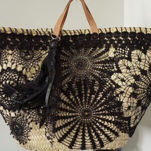 Moroccan Straw Handbag | Black Lace Berber Women Ethical Eco-Friendly Chic Basket