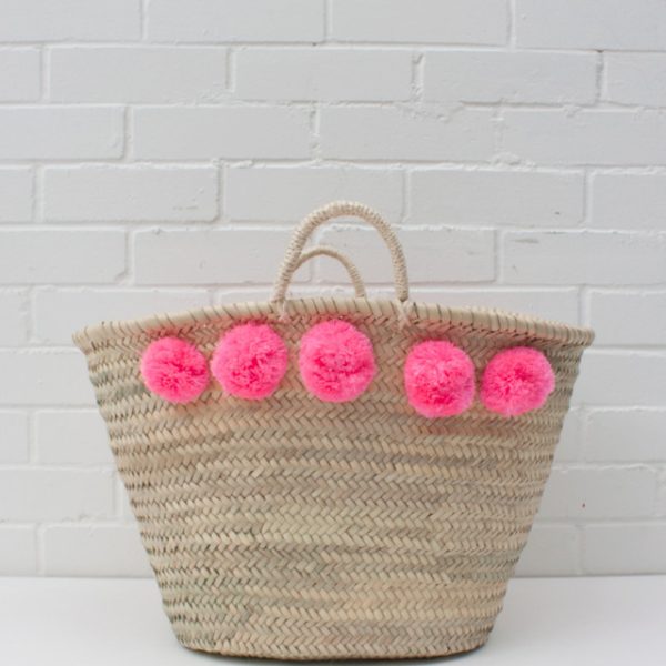 Pink Pom Pom Moroccan Handbag Basket - Sustainable & Stylish Choice