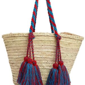 Eco-Friendly Moroccan Handwoven Red & Blue Straw Handbag