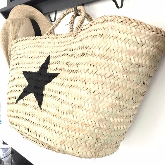 Moroccan Handwoven Straw Handbag - Black Star Print