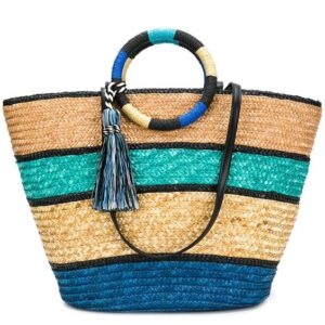 Moroccan Berber Handwoven Straw Handbag 057 - Blue Stripe