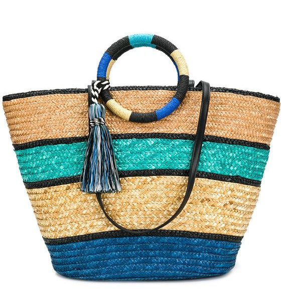 Moroccan Berber Handwoven Straw Handbag 057 - Blue Stripe