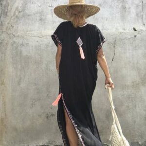 Moroccan Print Maxi Kaftan Beach Cover Up - Lightweight Silky Fabric, Front Slit, Versatile Day-to-Night Style