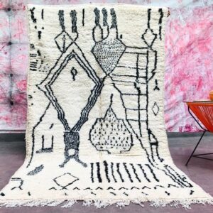 Vintage Moroccan Black Geometric Beni Ourain Wool Rug