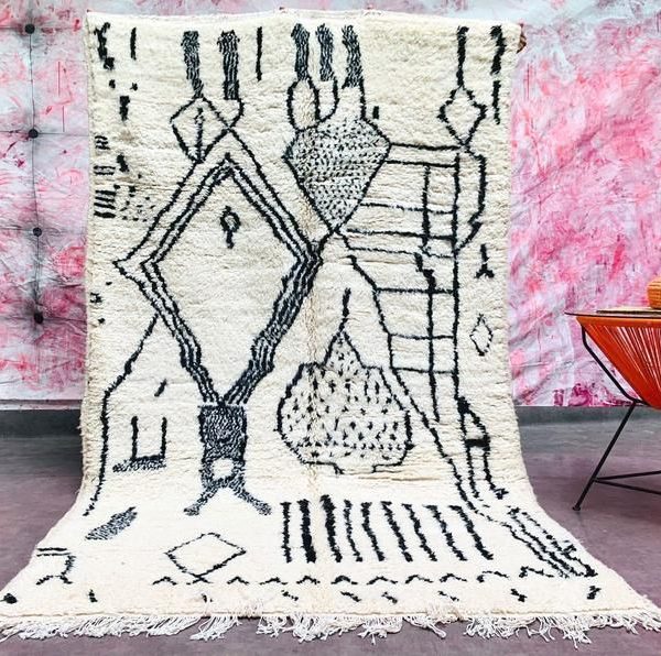 Vintage Moroccan Black Geometric Beni Ourain Wool Rug