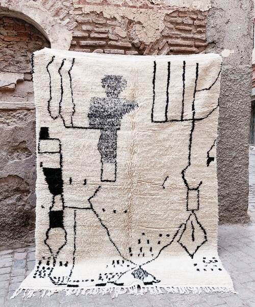 Vintage Moroccan Berber Wool Rug - Black Geometric Motifs