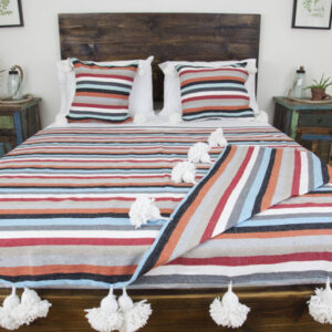Moroccan Handmade Wool Pom Pom Blanket with Coloured Stripes