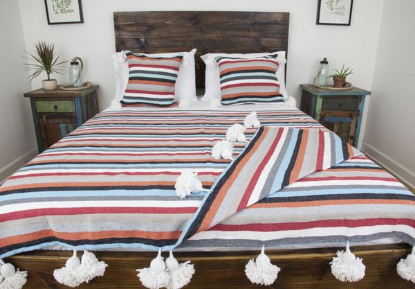 Moroccan Handmade Wool Pom Pom Blanket with Coloured Stripes