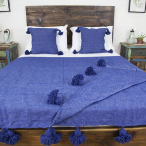 Blue Moroccan Pom Pom Wool Blanket - Handmade Elegant Bedspread & Sofa Throw