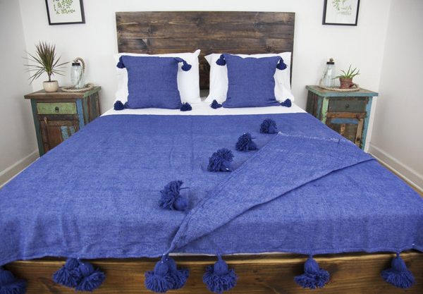 Blue Moroccan Pom Pom Wool Blanket - Handmade Elegant Bedspread & Sofa Throw