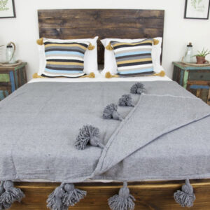 Gray Moroccan Pom Pom Handmade Blanket | Wool & Cotton Blend