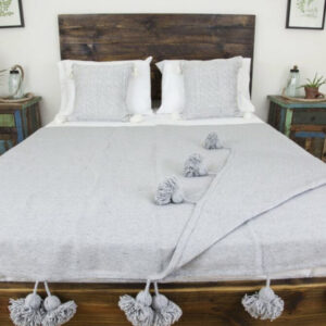 Luxurious Grey Pom Pom Moroccan Wool Blanket - Handcrafted Elegance & Comfort