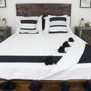 Handwoven Black and White Moroccan Pom Pom Blanket